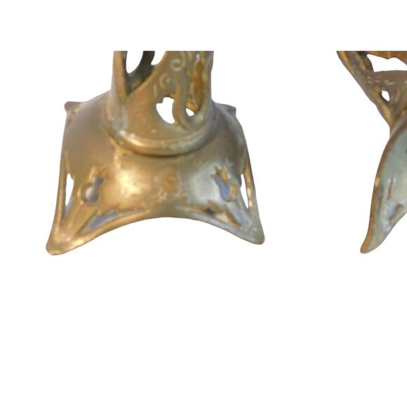 Vintage Polished Brass Candle Holders Handmade Ornate Set of 2 - Picture 5 of 7